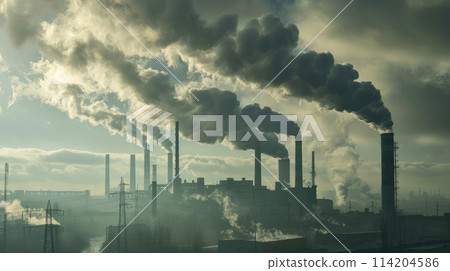 Industrial factory pollution smokestack exhaust gases. Industry zone, thick smoke plumes. Climate change, ecology concept. Industrial factory pollution smokestack exhaust gases. Industry zone, thick smoke plumes. Climate change, ecology concept. 114204586