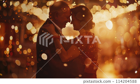 Happy romantic senior couple is hugging and dancing together. Bokeh light around 114204588