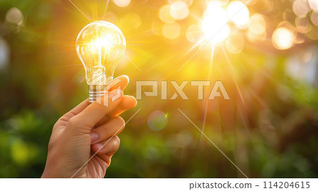 Hand holding a bright luminous Light Bulb on bokeh background. Copy space 114204615