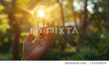 Hand holding a bright luminous Light Bulb on bokeh background. Copy space Hand holding a bright luminous Light Bulb on bokeh background. Copy space 114204616