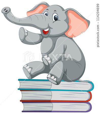 Happy Elephant Sitting on Stack of Books Happy Elephant Sitting on Stack of Books 114204699