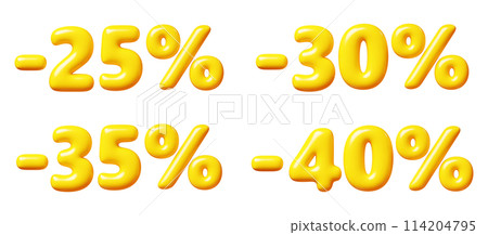 Balloon number with percent sign for sale concept. 3d render illustration set of yellow plastic glossy discount typography. Cartoon bubble element percentage off for special offer promotion. 114204795