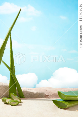 Plenty aloe vera featured on white flat form with a empty pedestal and vacant space in center for displaying product over sky background. Front view, space for text 114204919