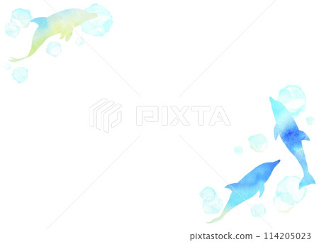 清爽的海豚水彩畫框，非常適合夏天。具有美麗水彩漸層的插圖。 114205023