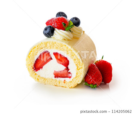 Strawberry and cream roll cake, cutout on white background 114205062