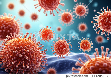 Herpes virus cells and small cells under microscope 3D rendering 114205107