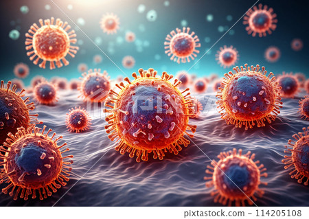Herpes virus cells and small cells under microscope 3D rendering 114205108