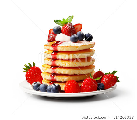 Pancakes decorated plate with fresh berries, cut out on white background Pancakes decorated plate with fresh berries, cut out on white background 114205338