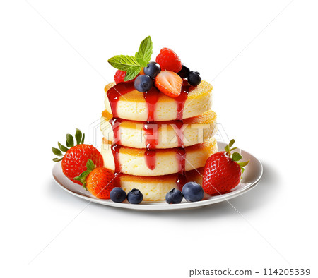 白色背景上的煎餅新鮮漿果裝飾板切口 白色背景上的煎餅新鮮漿果裝飾板切口 114205339