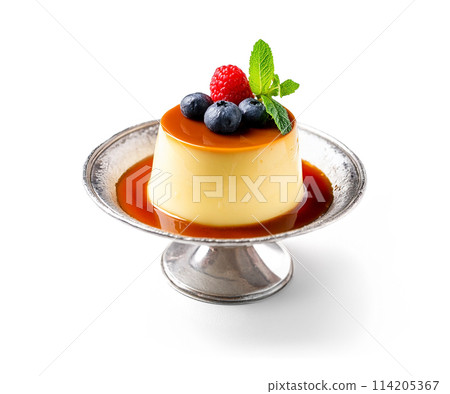 Custard pudding on a silver stand, cut-out on white background 114205367