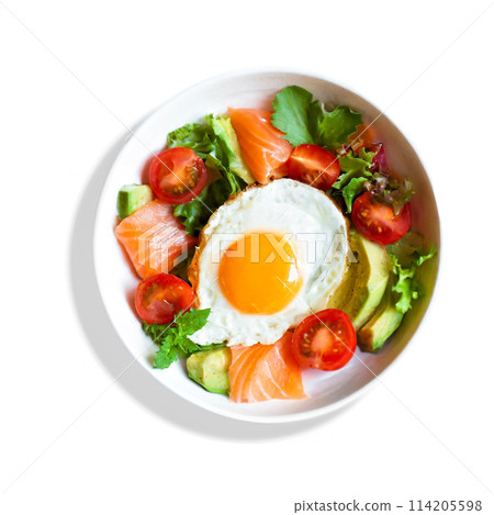 Fried egg, salmon and salad breakfast plate isolated on white background Fried egg, salmon and salad breakfast plate isolated on white background 114205598