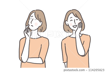 A woman's worried and happy poses A woman's worried and happy poses 114205823