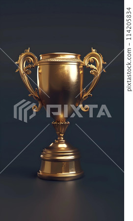 Golden trophy cup on dark background. 3D rendering. High resolution image. 114205834