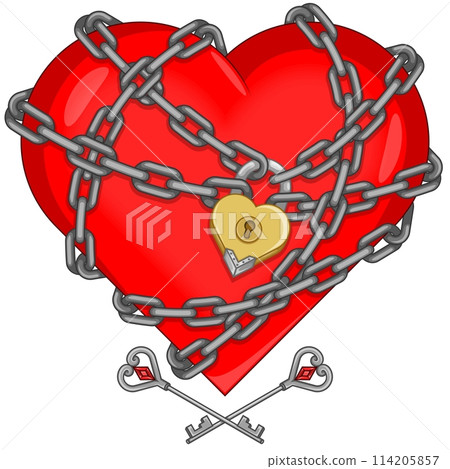 Heart wrapped with chains and padlock Heart wrapped with chains and padlock 114205857