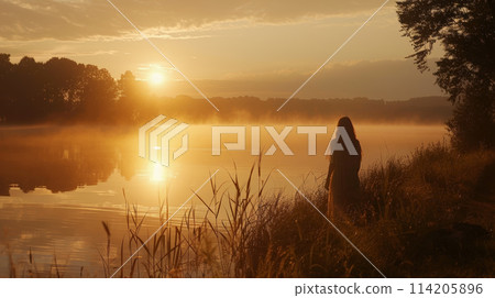 sunset, woman, lakeside 114205896