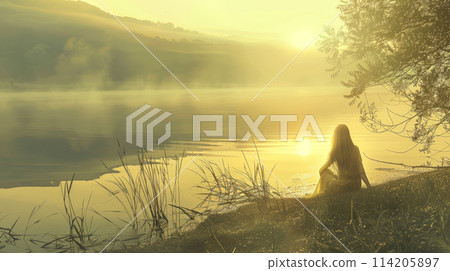 sunset, woman, lakeside 114205897