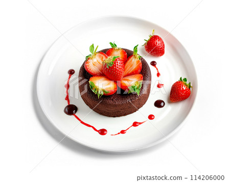 Chocolate and strawberry cake on a white plate, cutout on white background Chocolate and strawberry cake on a white plate, cutout on white background 114206000