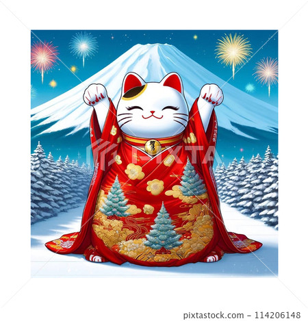 Be happy with the power of Maneki Neko. Maneki Neko and Fujisan, cats that bring good luck. Manga. Generative AI. 114206148