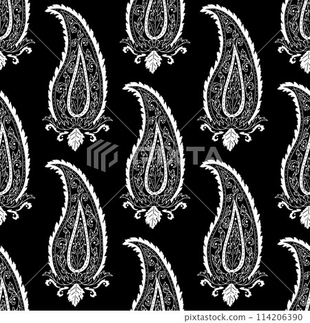 Monohcrome seamless pattern with Paisley motifs on black background Monohcrome seamless pattern with Paisley motifs on black background 114206390