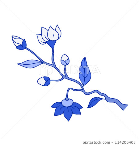 Monochrome blue floral chinoiserie style flower isolated on white background 114206405