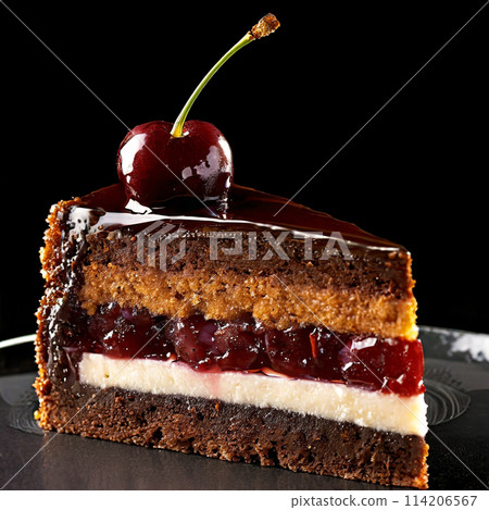 American cherry and chocolate cake on black background American cherry and chocolate cake on black background 114206567