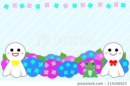Rainy season teru teru bouzu and hydrangea frame illustration Rainy season teru teru bouzu and hydrangea frame illustration 114206925