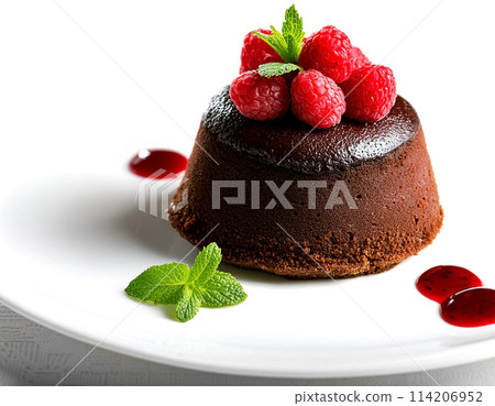 白色背景上的覆盆子巧克力蛋糕切口 114206952