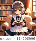 Illustration of a girl in a maid outfit sitting on a chair and reading a book 114206996