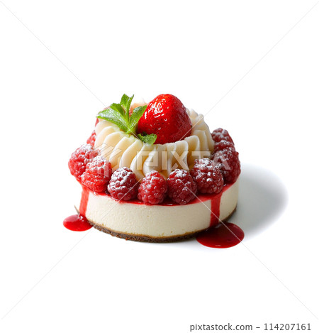 Berry and cream decorated cake, cut out on white background Berry and cream decorated cake, cut out on white background 114207161