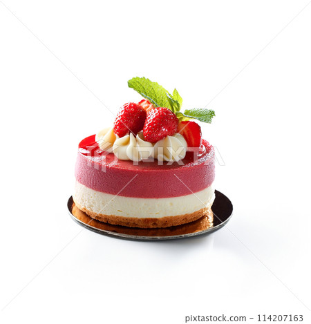 Berry and cream decorated cake, cut out on white background Berry and cream decorated cake, cut out on white background 114207163