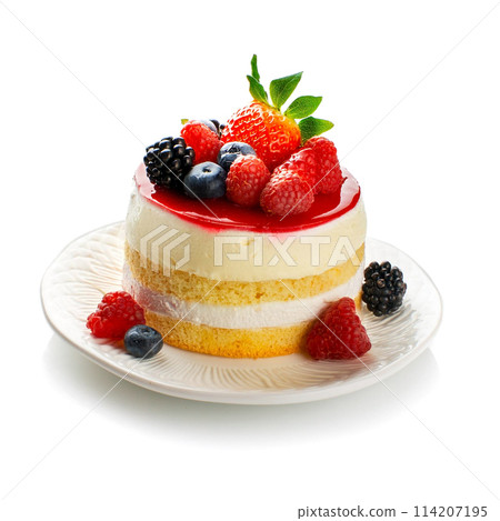Strawberry decorated cake on a plate, cutout on white background Strawberry decorated cake on a plate, cutout on white background 114207195