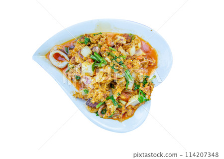Top view of Stir Fried Squid with Salted Egg Yolk, Thailand Food Style, focus selective Top view of Stir Fried Squid with Salted Egg Yolk, Thailand Food Style, focus selective 114207348