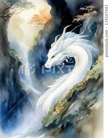 White dragon, dragon hole, dragon, water dragon, spiritual, good luck, watercolor, illustration, art 114207481
