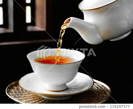 茶倒入茶杯的那一刻，奢華空間的背景 114207577
