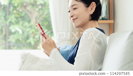 在客廳操作智慧型手機的家庭主婦 114207585