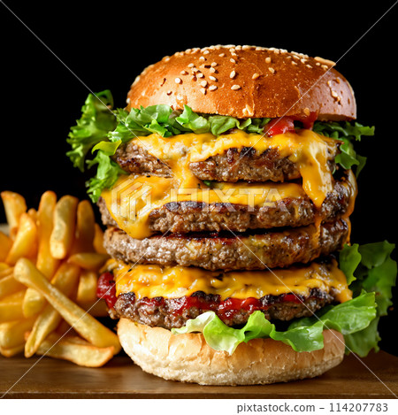A cheese burger as voluminous as a tower on a black background 114207783