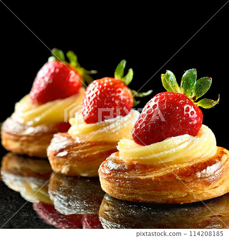 Custard cream and strawberry pie on a black background Custard cream and strawberry pie on a black background 114208185