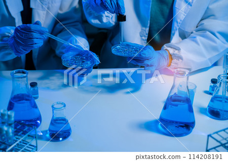 Medical or research scientist or doctor using looking at a test tube of clear solution in a lab or laboratory. Medical or research scientist or doctor using looking at a test tube of clear solution in a lab or laboratory. 114208191