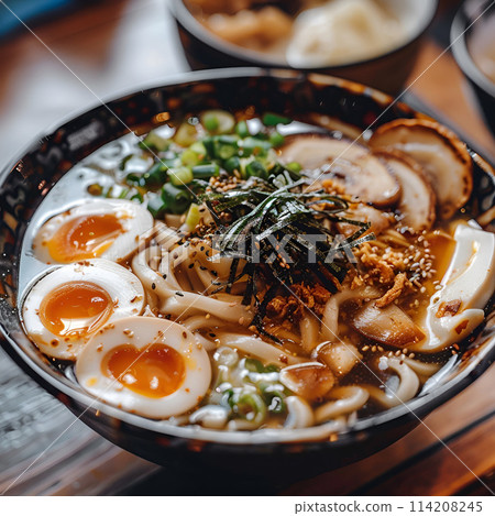 Udon noodles with lots of toppings - AI generated image 114208245