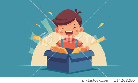 Happy boy opening a gift with excitement and joy Happy boy opening a gift with excitement and joy 114208290