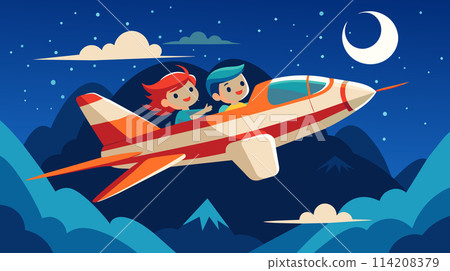 Cartoon children flying airplane above mountains at night Cartoon children flying airplane above mountains at night 114208379