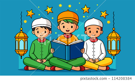 Children cartoon characters celebrating Ramadan together Children cartoon characters celebrating Ramadan together 114208384