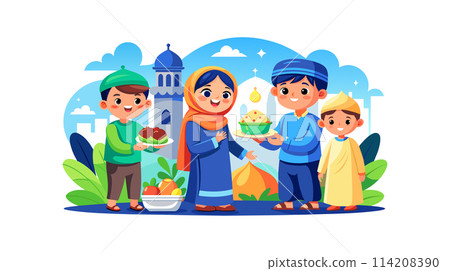 Muslim family celebrating Eid with traditional food and sweets 114208390