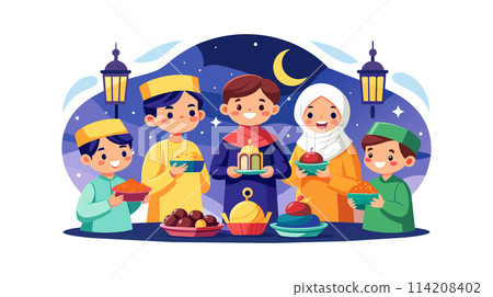 Happy Muslim family celebrating Ramadan together with food 114208402