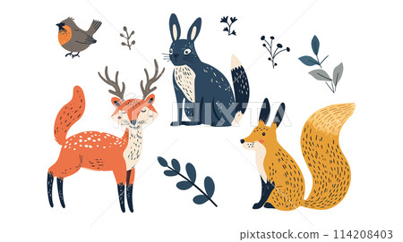 Group of animals grazing among leaves 114208403