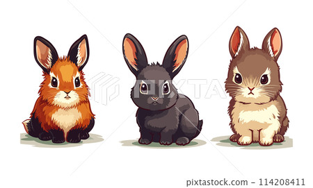 Group of three rabbits sitting together 114208411