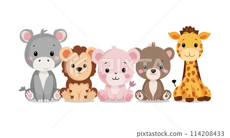 Cute Cartoon Safari Animals Sitting Together in a Row 114208433