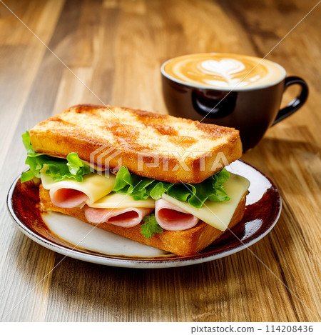 Lunch set of ham, cheese and vegetable toast sandwich and coffee on wooden table background 114208436