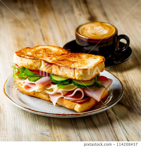 Lunch set of ham, cheese and vegetable toast sandwich and coffee on wooden table background 114208437
