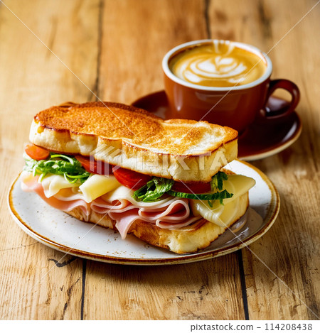 Lunch set of ham, cheese and vegetable toast sandwich and coffee on wooden table background Lunch set of ham, cheese and vegetable toast sandwich and coffee on wooden table background 114208438
